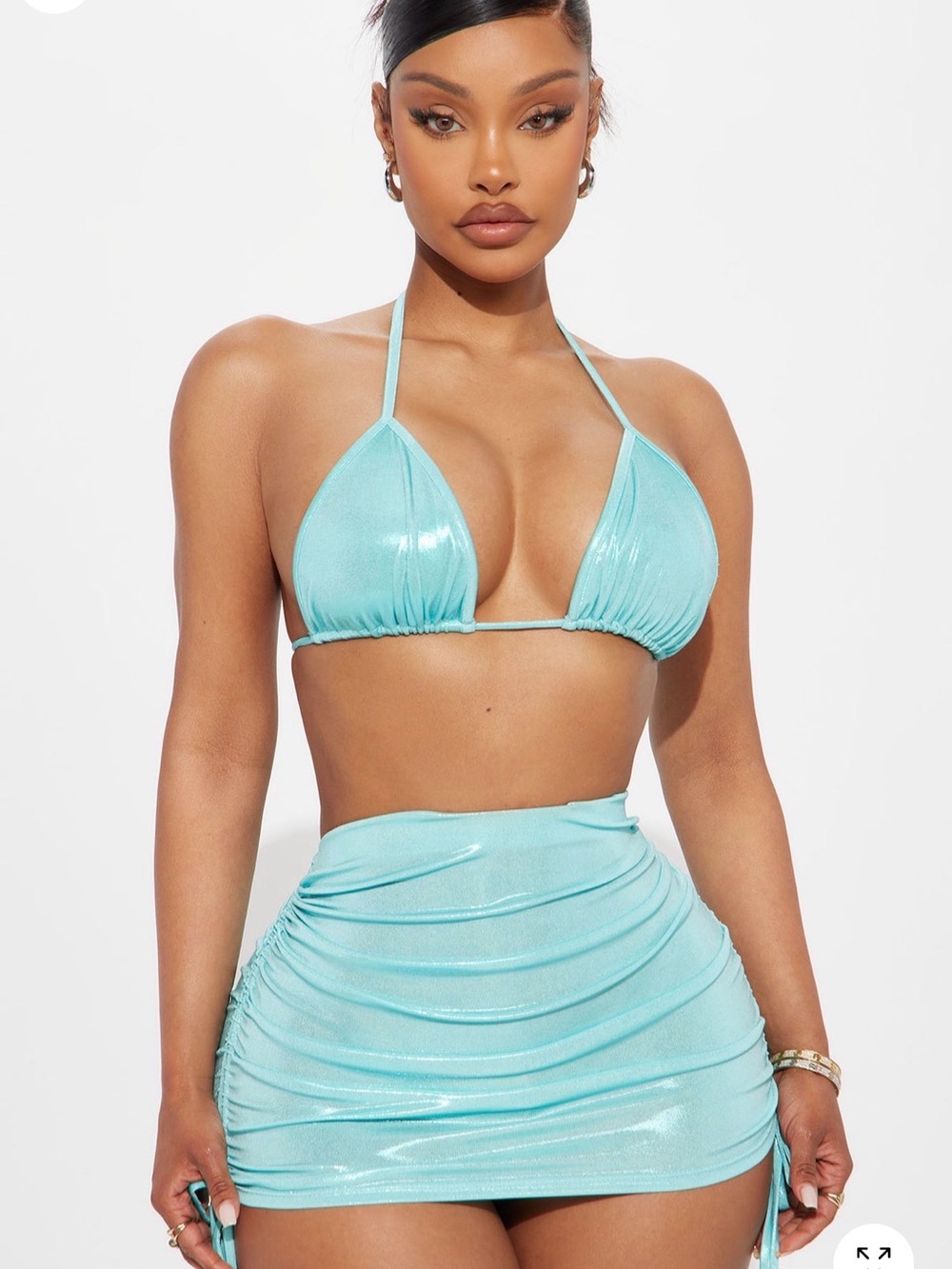 Fashion Nova Light Aqua Shimmer Bikini Top & Ruched Mini Coverup